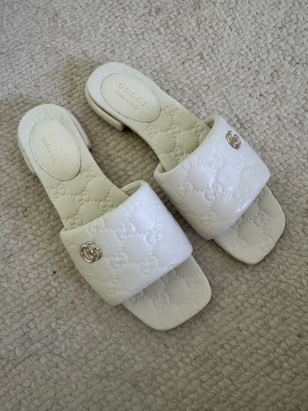 Gucci White Quilted GG Slide Mules